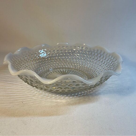 Vintage Fenton Clear Glass Ruffled Edge Opalescent opalite Hobnail 9 “ Bowl - Picture 4 of 9